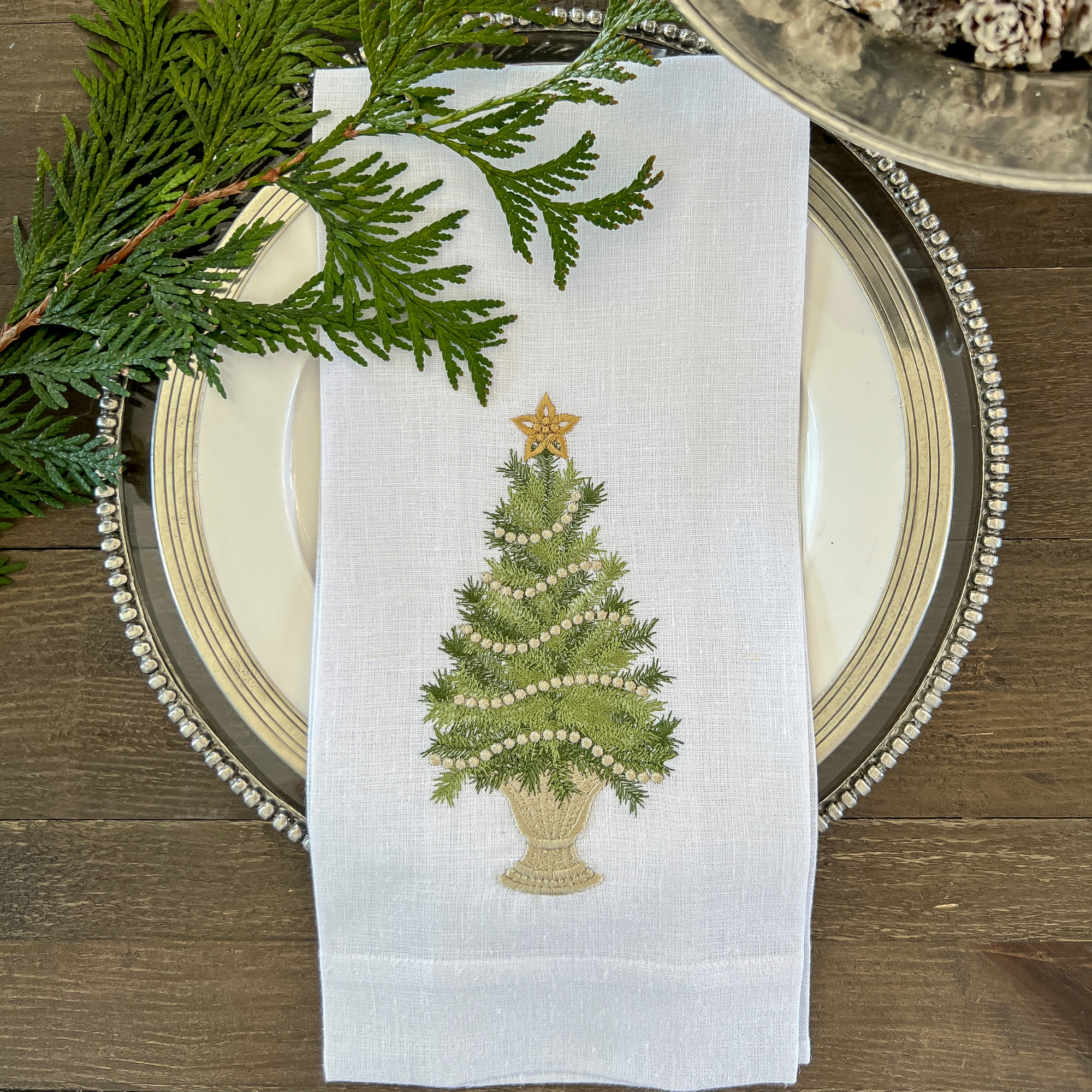 Arte Italica & Crown Linen Designs - Christmas Tree with Gold Trim Linen Towel - Christmas