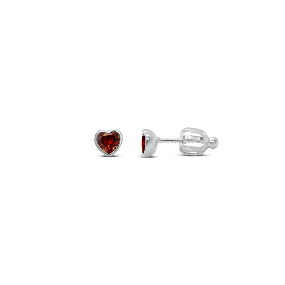 Stia Girl - Bezel Heart CZ Stud Earring - Garnet CZ / January