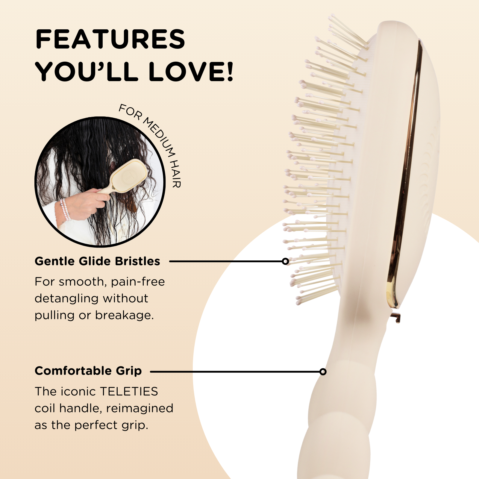 TELETIES - Detangler Hair Brush for Medium Hair - Tan