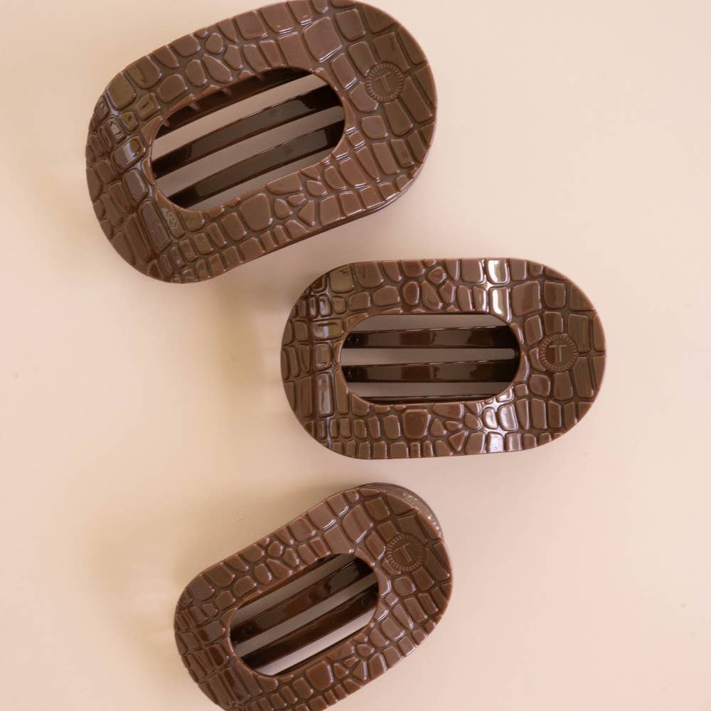 TELETIES - Brown Crocodile Large Flat Round Hair Clip