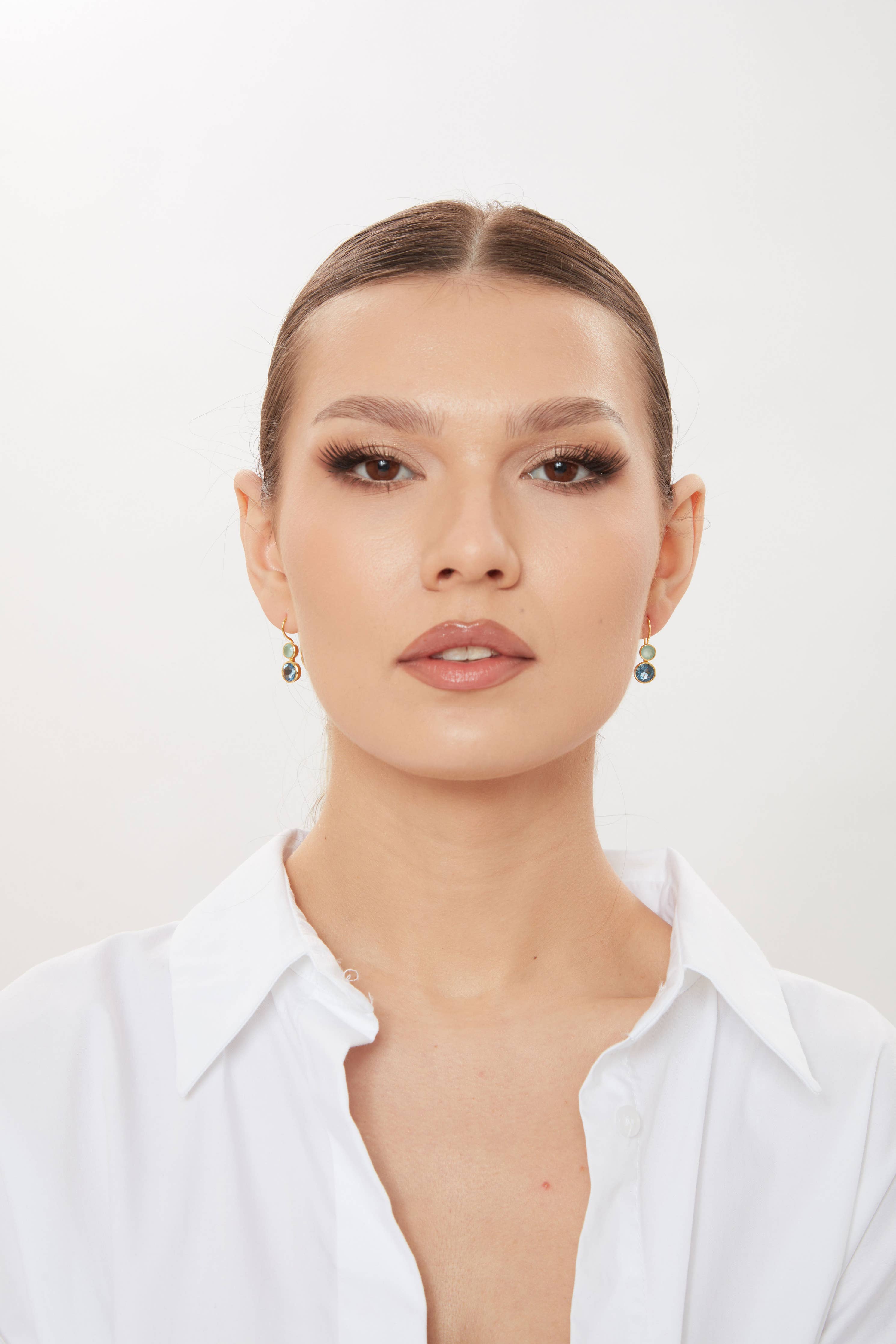 Delphine Gold Earring - Aqua Chalcedony &amp; Blue Iolite