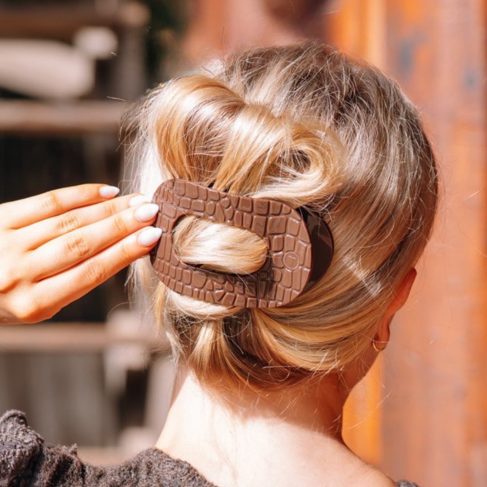 TELETIES - Brown Crocodile Large Flat Round Hair Clip