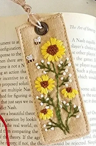 Retro Linen Bookmark With Cute Floral Embroidery