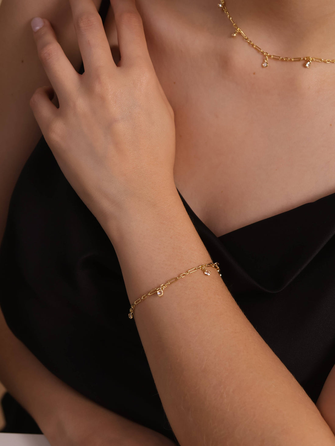 GoldFi - 18k Gold Filled Paperclip Chain With Bezel CZ Drops Bracelet