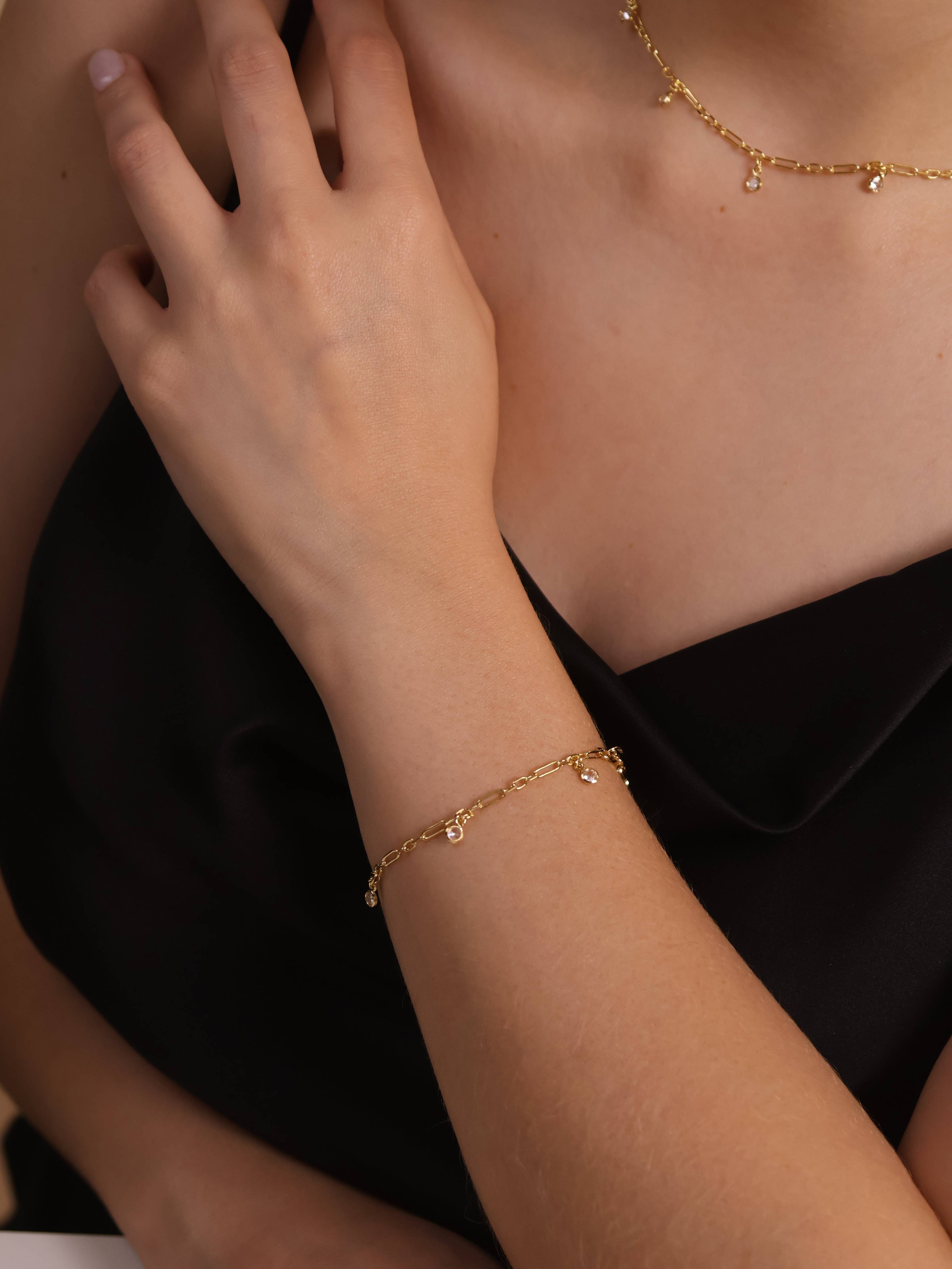 GoldFi - 18k Gold Filled Paperclip Chain With Bezel CZ Drops Bracelet