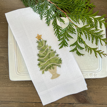 Arte Italica &amp; Crown Linen Designs - Christmas Tree with Gold Trim Linen Towel - Christmas
