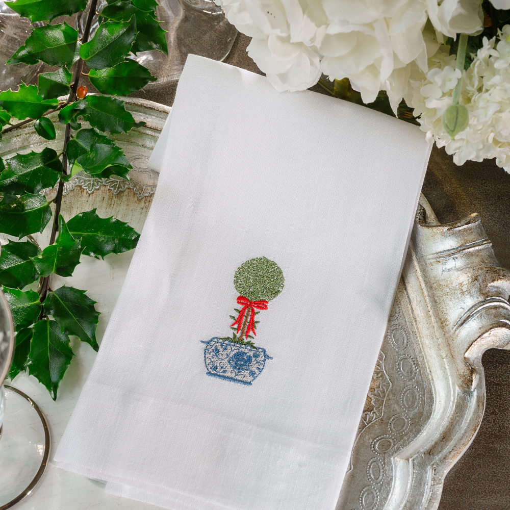 Arte Italica &amp; Crown Linen Designs - La Jardin Bow Topiary White Linen Towel