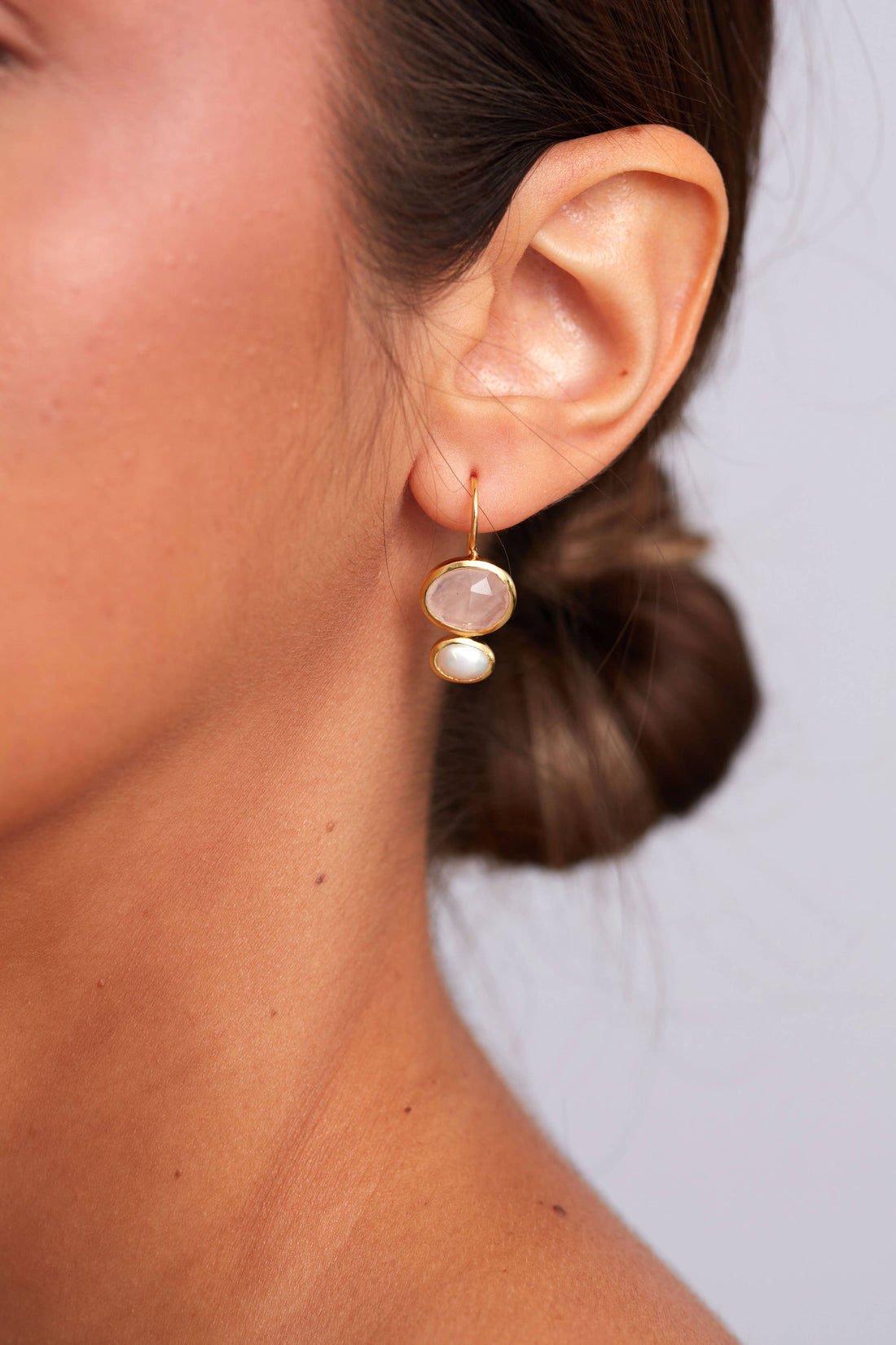 Primrose Earring Gold Plated - Rose Quartz &amp; Pearl
