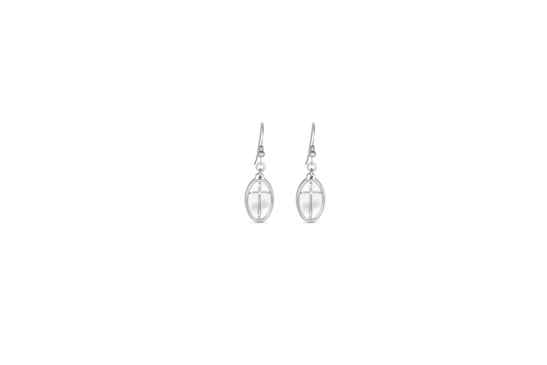 Petite Silver Earring French Hook - Oval Cross / Rom 5:8