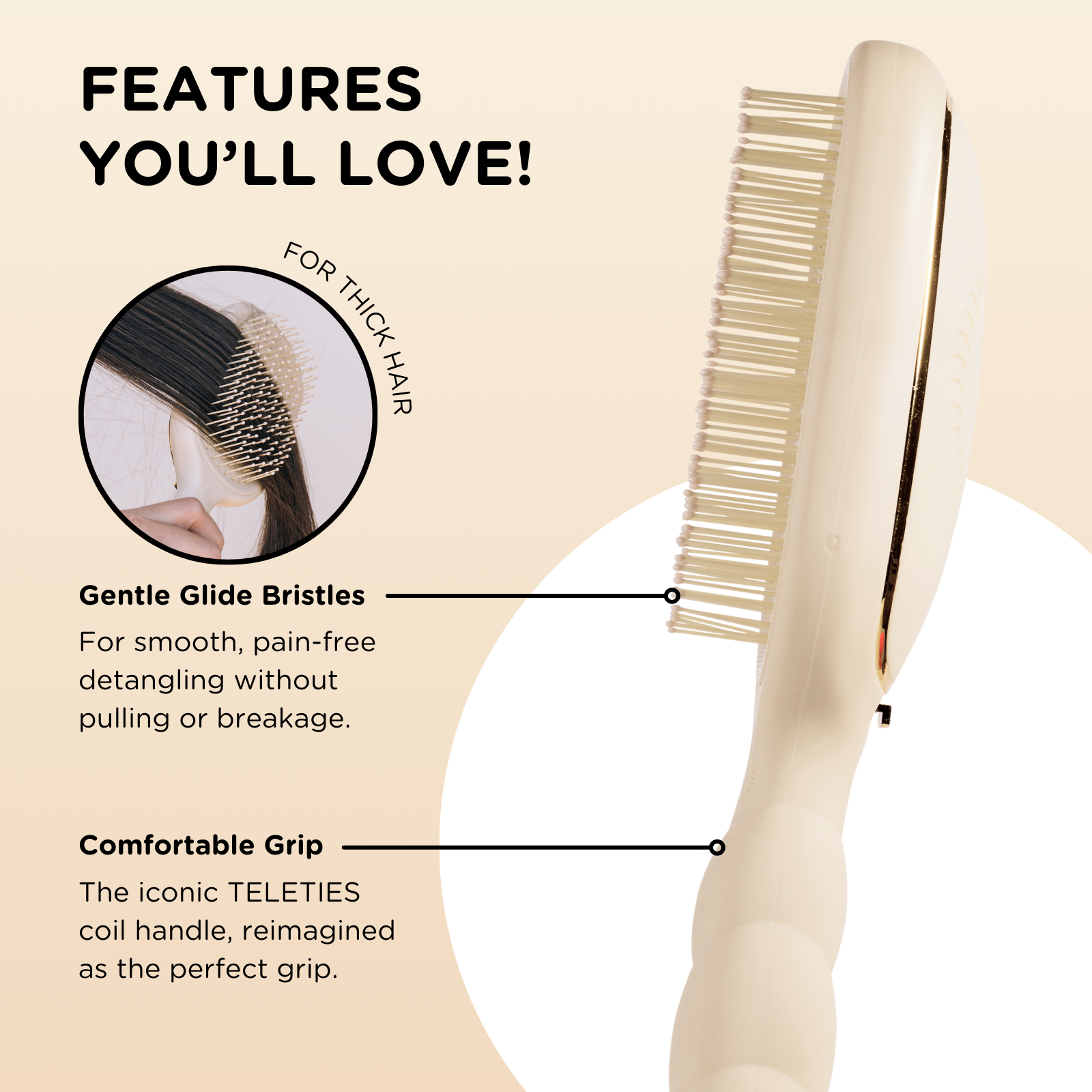 TELETIES - Detangler Hair Brush for Thick Hair - Tan
