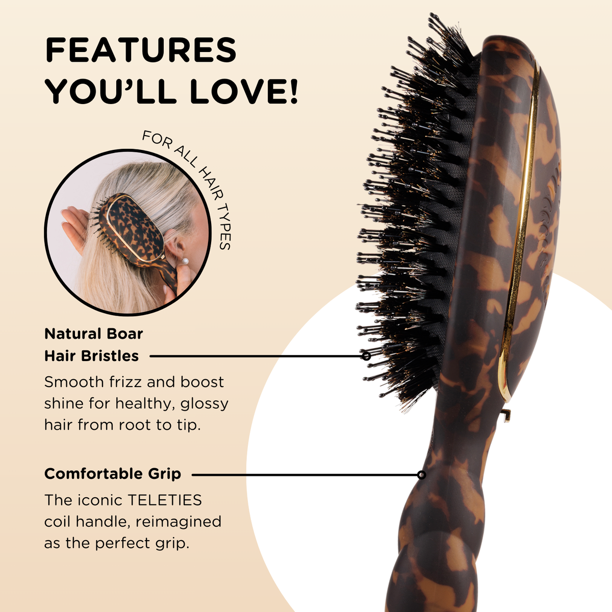 TELETIES - Boar Bristle Hair Brush | Tortoise