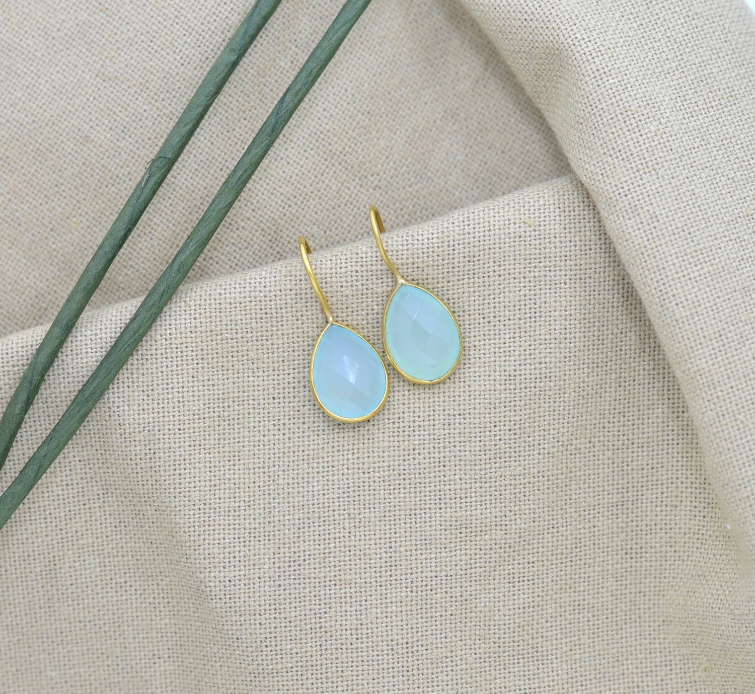 Teardrop Gemstone Earring Gold Silver 925 - Aqua Chalcedony