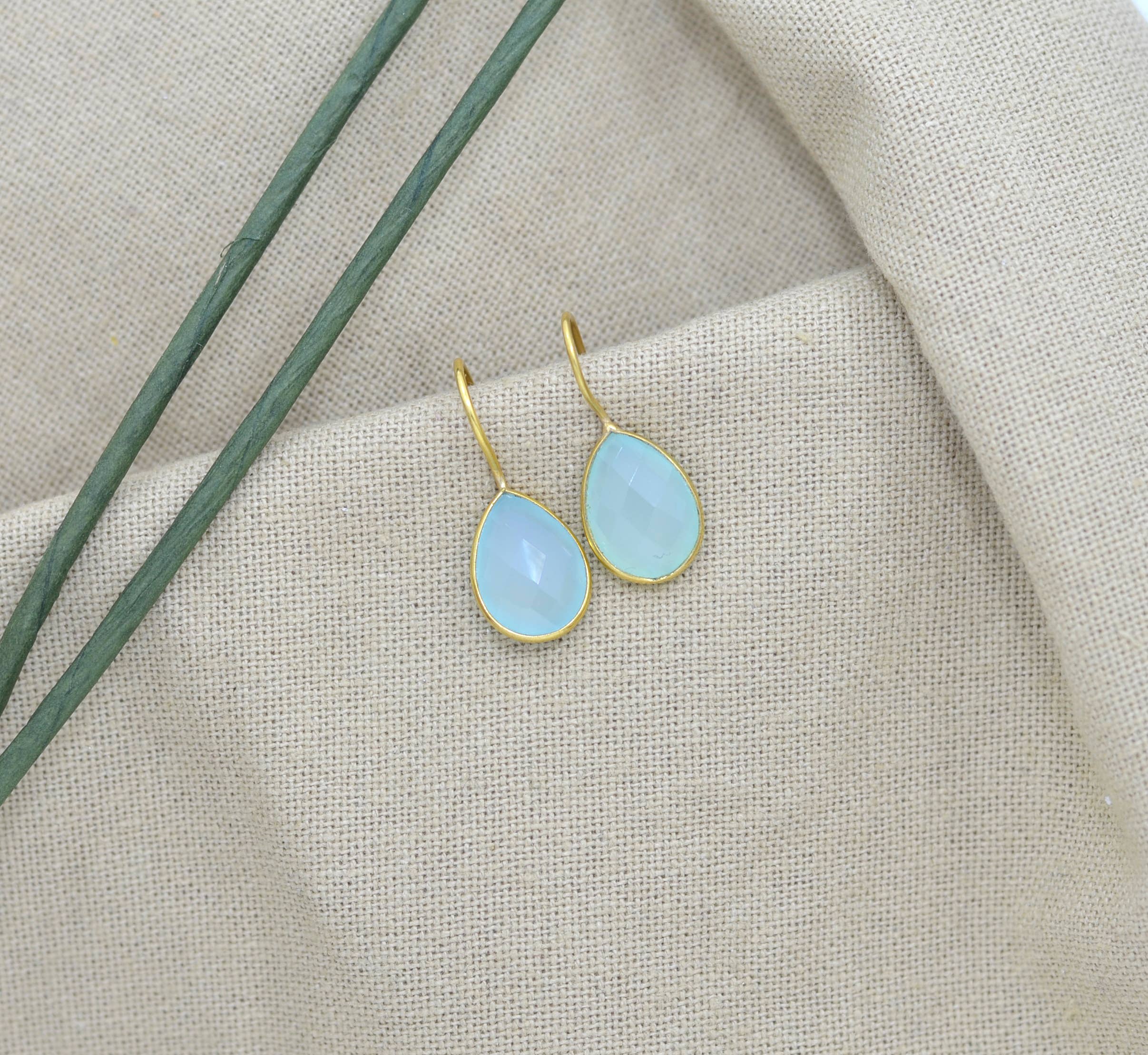 Teardrop Gemstone Earring Gold Silver 925 - Aqua Chalcedony