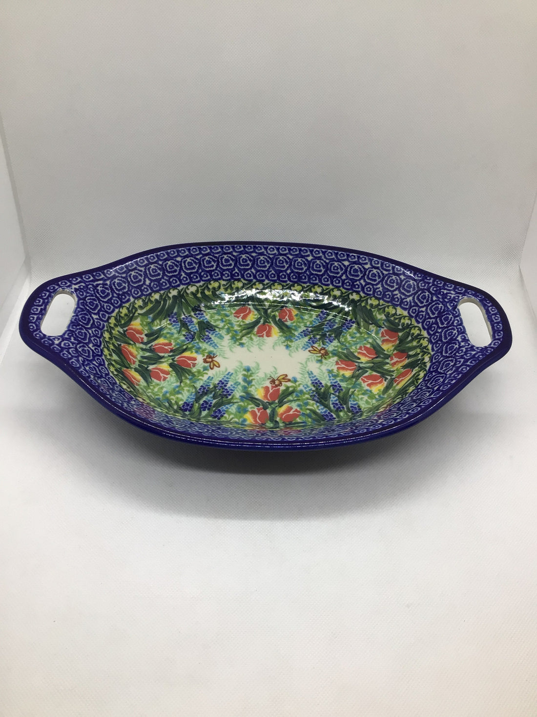 KALICH Tropical Tulips with Bee Oval Bread Platter w/ Handles