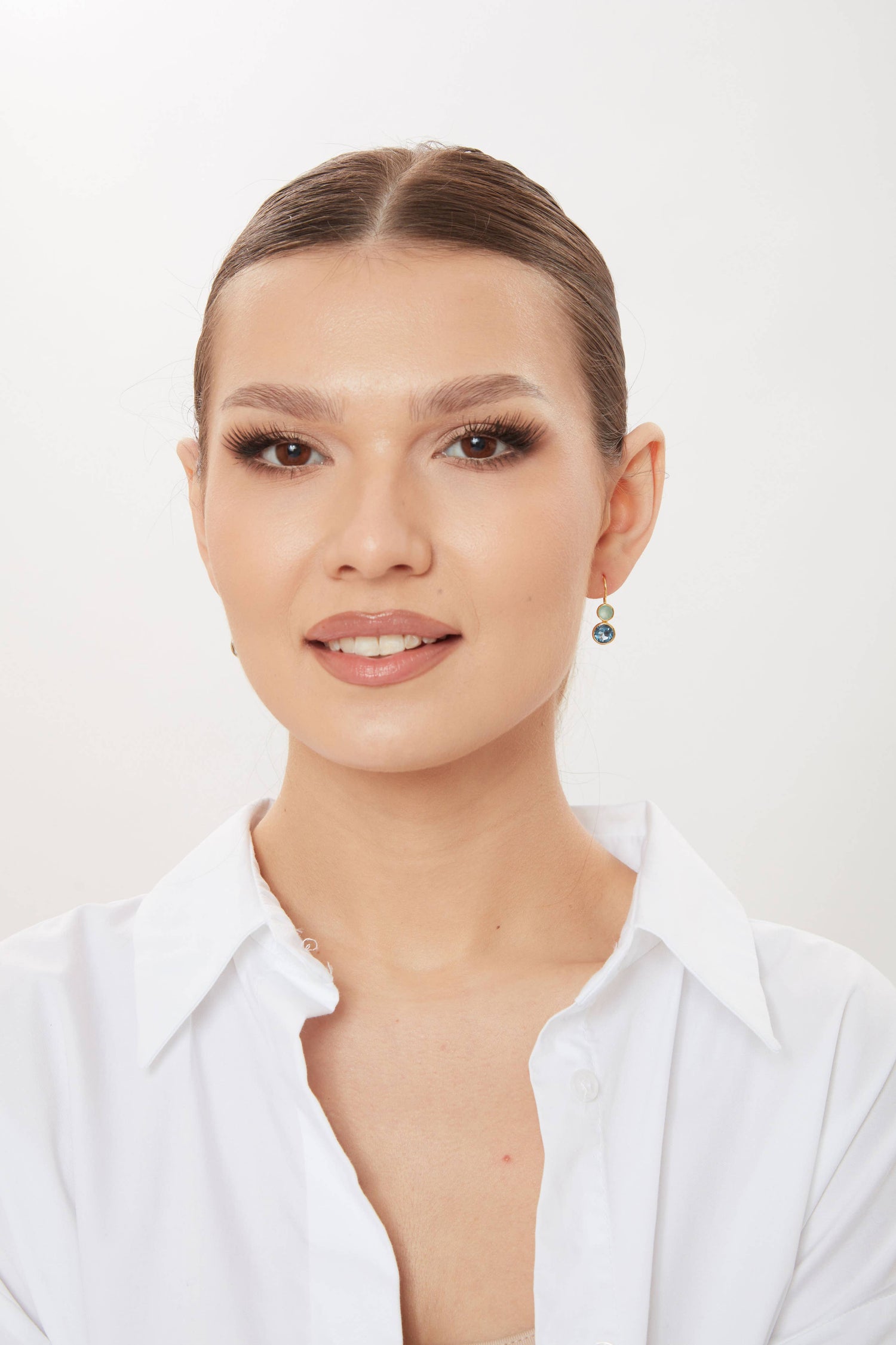Delphine Gold Earring - Aqua Chalcedony &amp; Blue Iolite