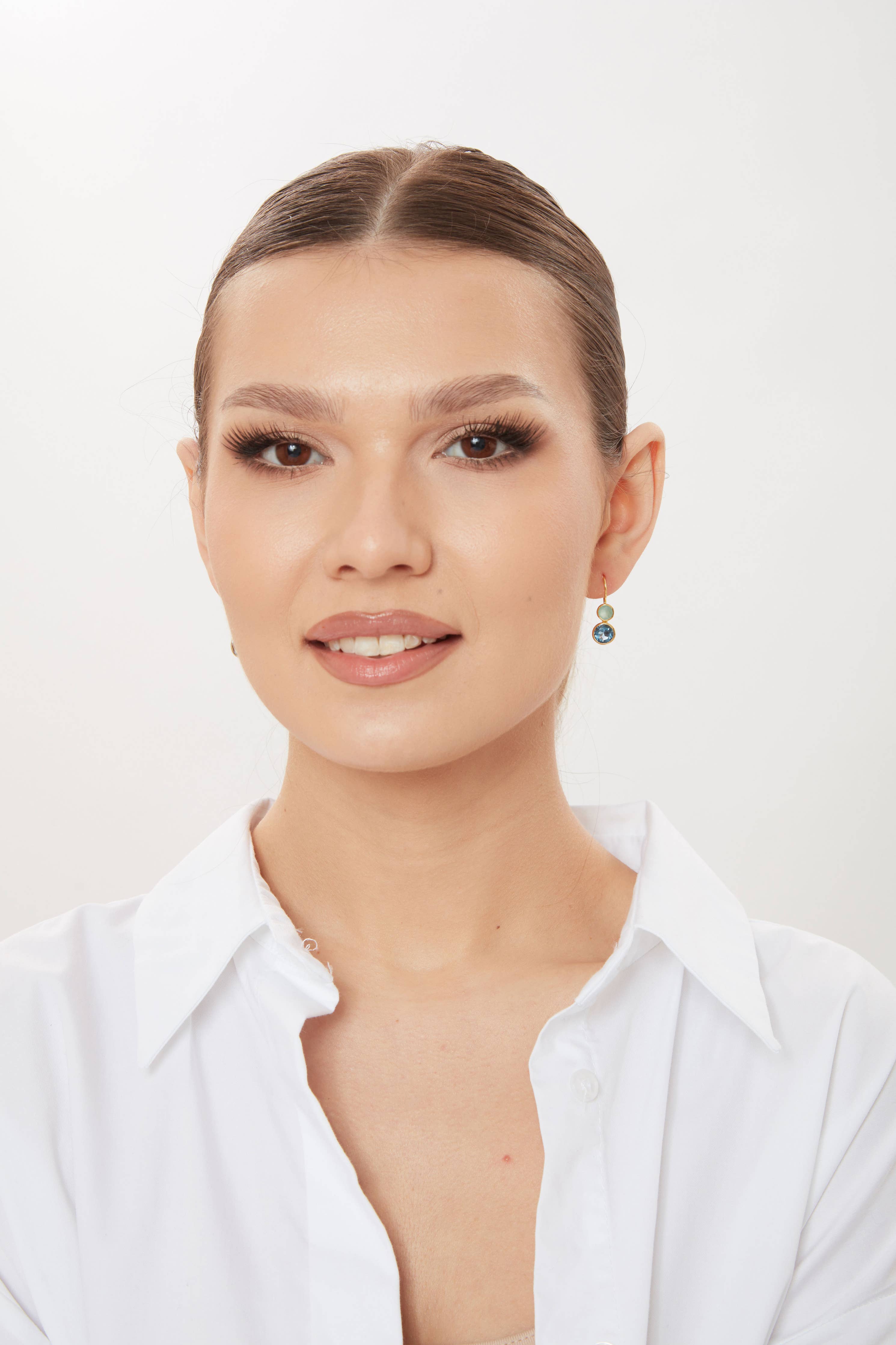 Delphine Gold Earring - Aqua Chalcedony &amp; Blue Iolite