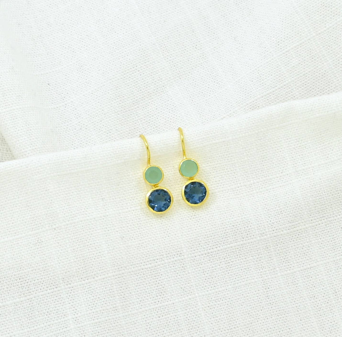 Delphine Gold Earring - Aqua Chalcedony &amp; Blue Iolite