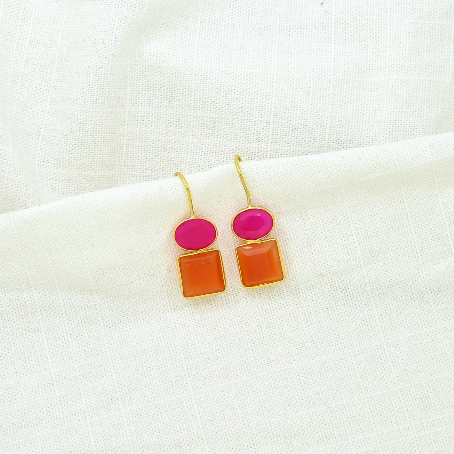Oval Square Earring Silver 925 - Pink Fuchsia &amp; Carnelian