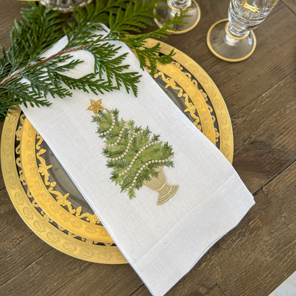 Arte Italica &amp; Crown Linen Designs - Christmas Tree with Gold Trim Linen Towel - Christmas