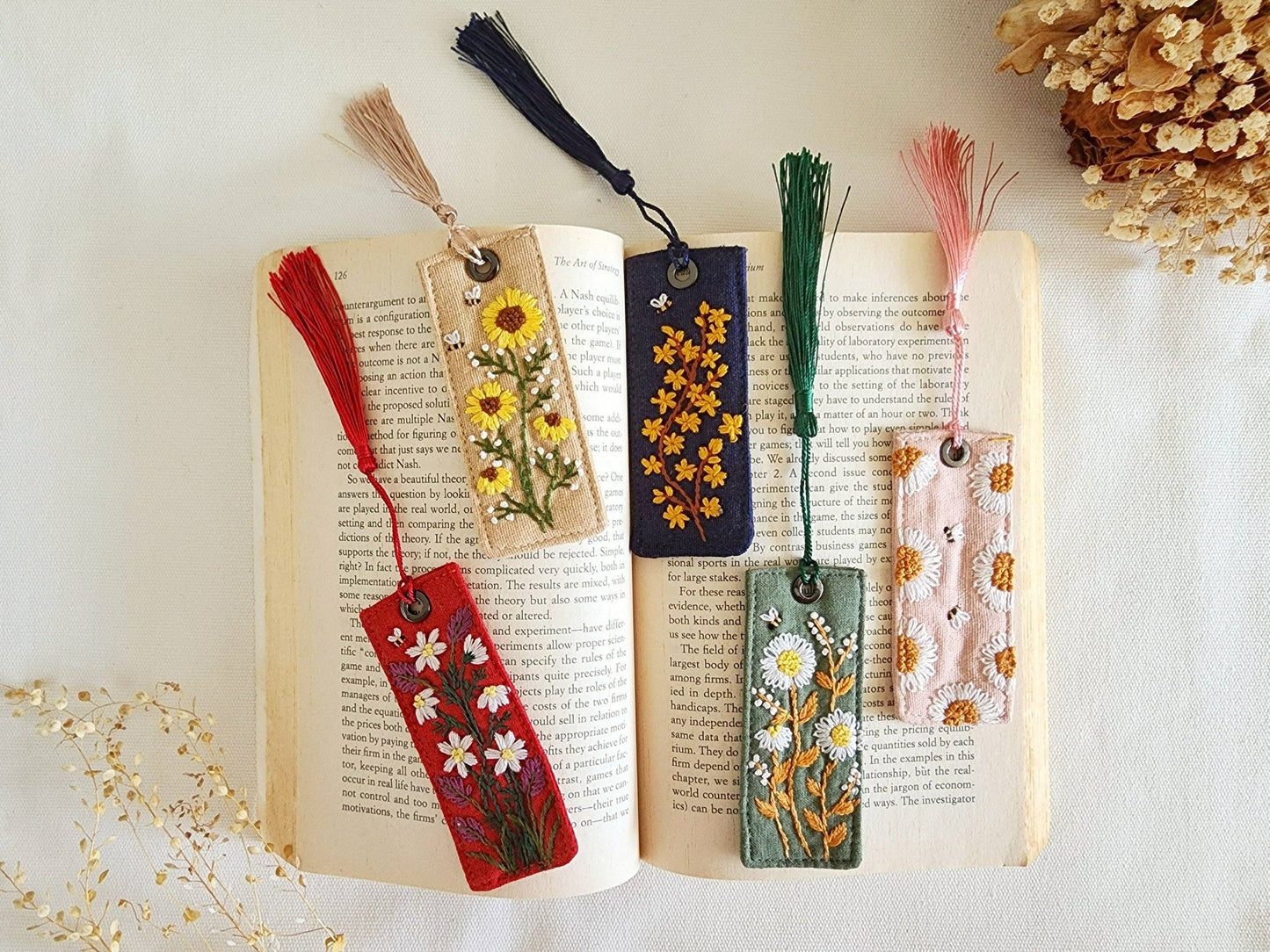 Retro Linen Bookmark With Cute Floral Embroidery