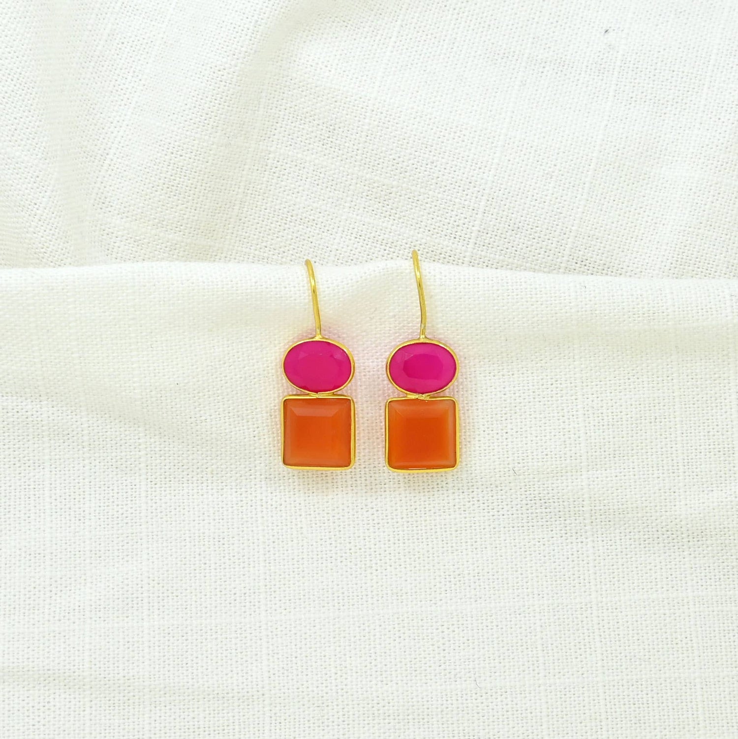 Oval Square Earring Silver 925 - Pink Fuchsia &amp; Carnelian