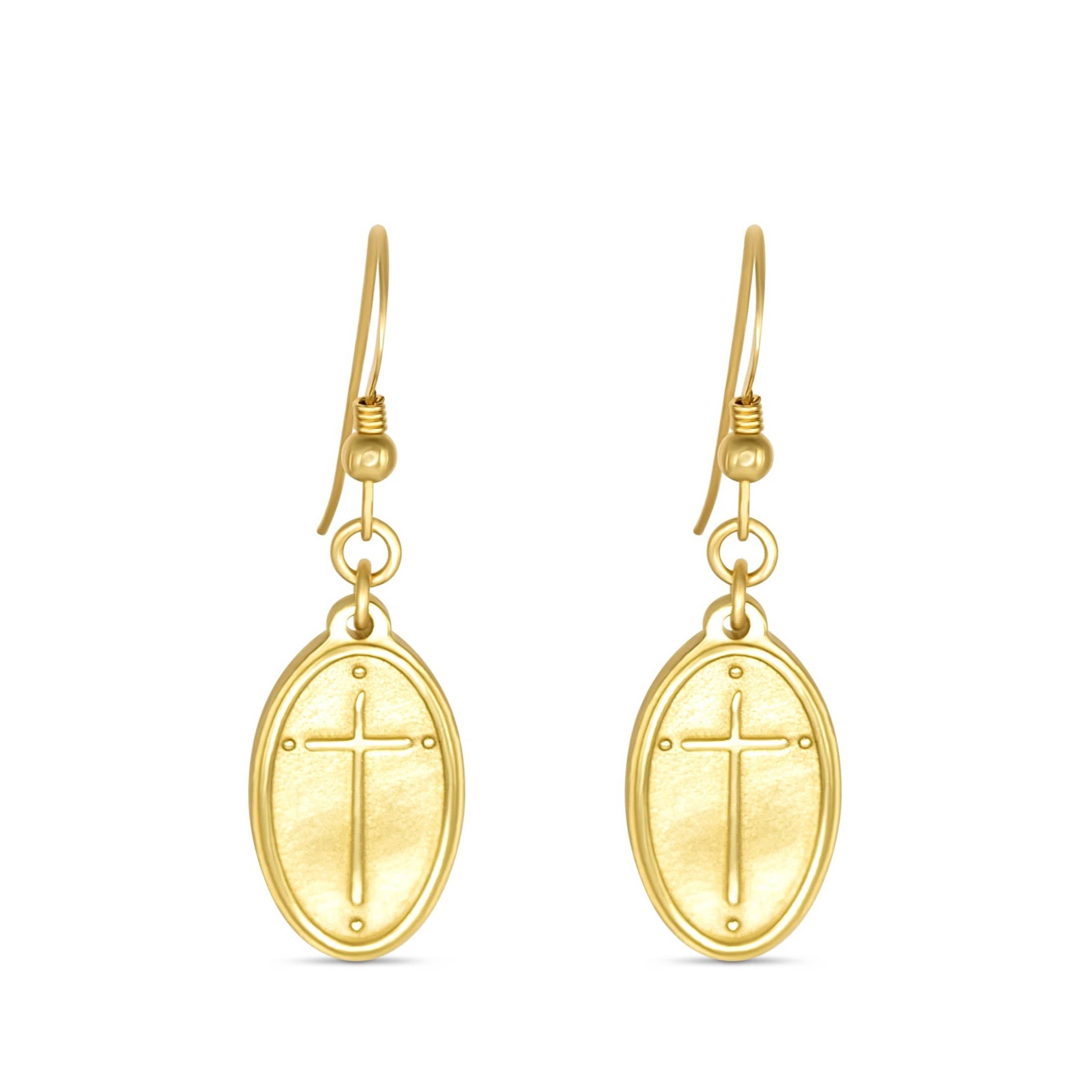 Petite Gold Earring French Hook - Oval Cross / Rom 5:8