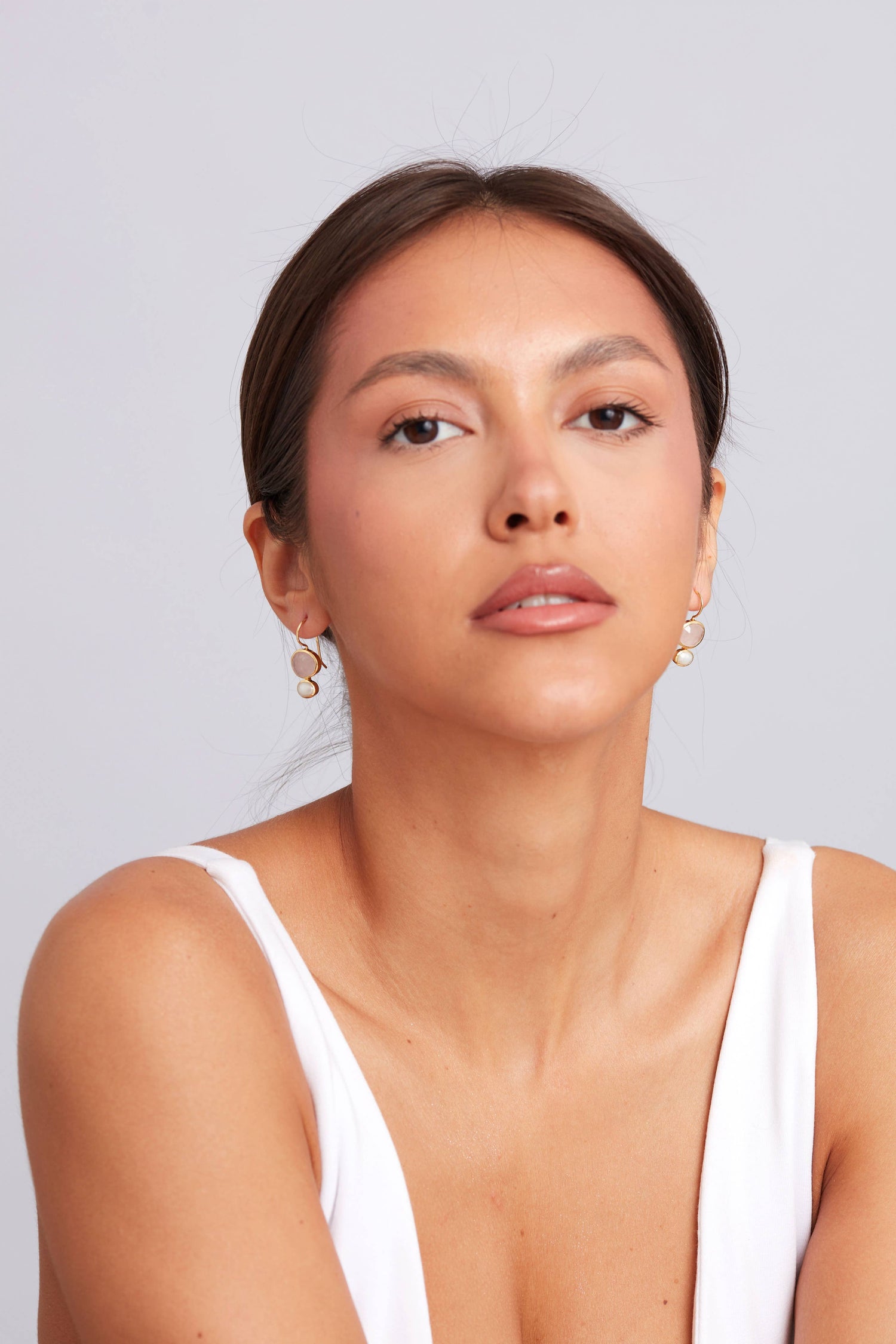 Primrose Earring Gold Plated - Rose Quartz &amp; Pearl
