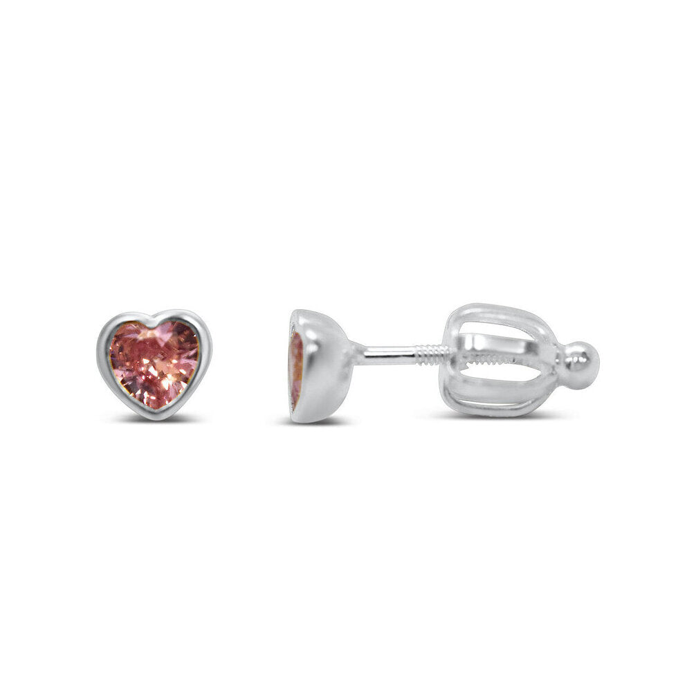 Stia Girl - Bezel Heart CZ Stud Earring (Pink) / October