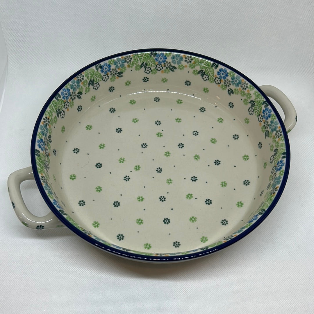 Tiny Blue Flowers Round Baker w/ Handles 10&quot;
