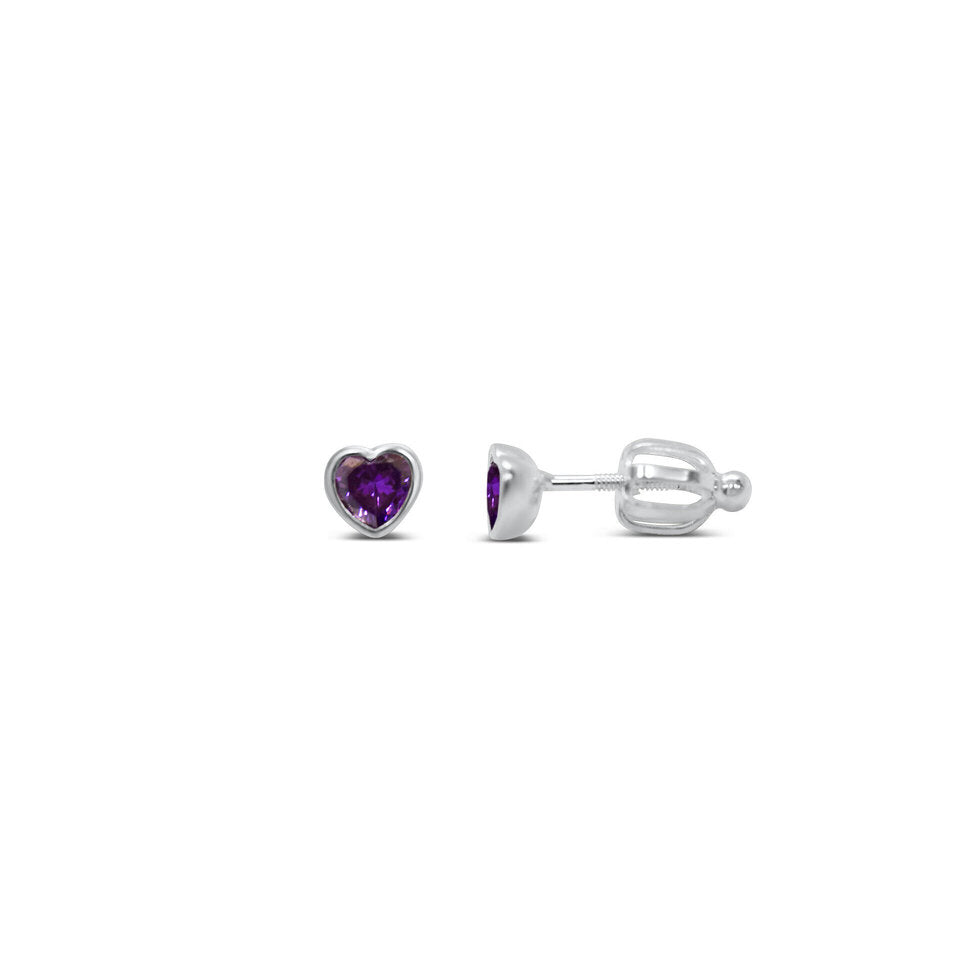 Stia Girl - Bezel Heart CZ Stud Earring - Amethyst CZ / February