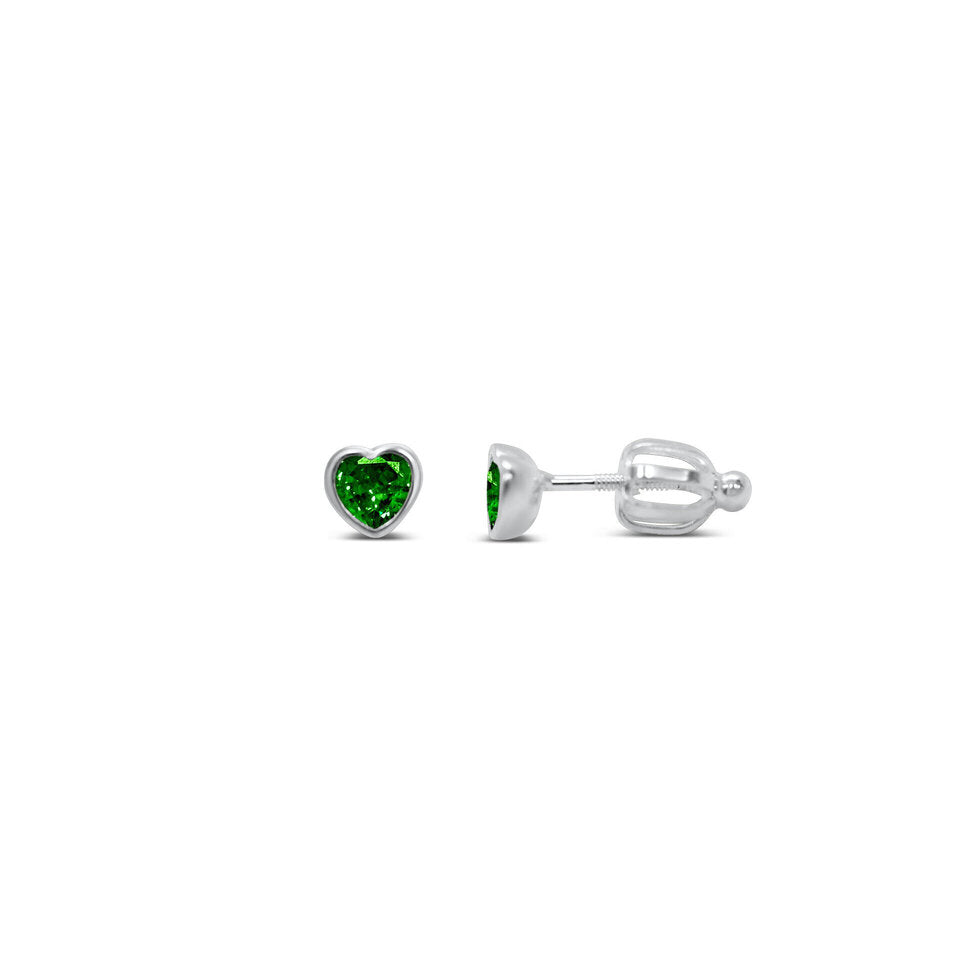 Stia Girl - Bezel Heart CZ Stud Earring - Emerald CZ / May