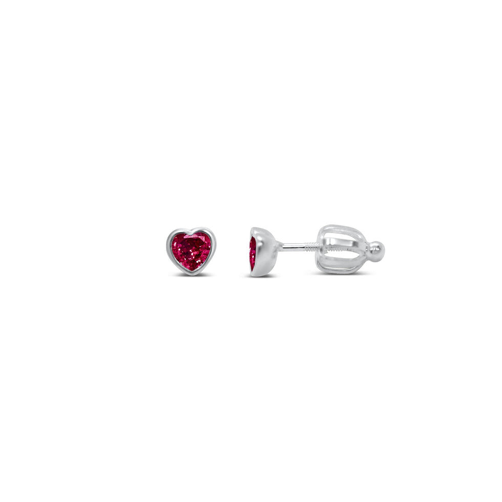Stia Girl - Bezel Heart CZ Stud Earring - Ruby CZ / July