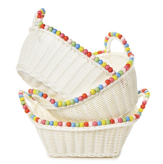 Faux Wicker Basket w/ Beaded Trim