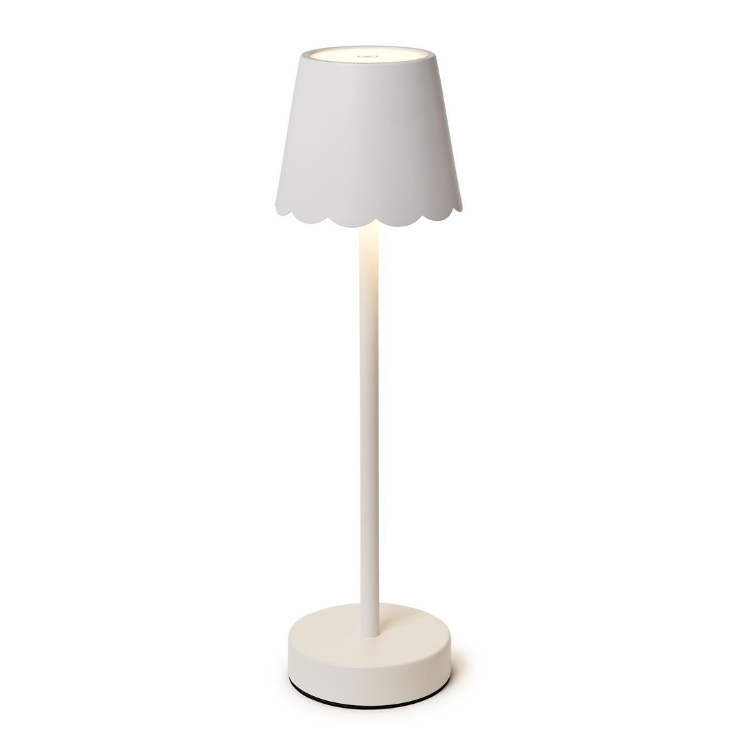 White Cordless Table Lamp w/ Scalloped Edge Shade