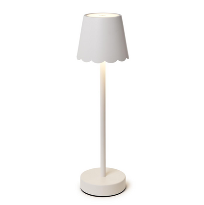 White Cordless Table Lamp w/ Scalloped Edge Shade