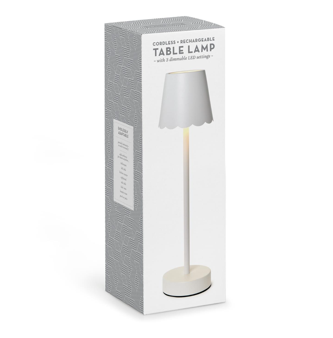 White Cordless Table Lamp w/ Scalloped Edge Shade