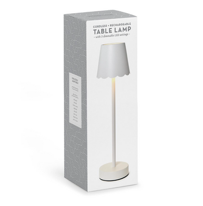 White Cordless Table Lamp w/ Scalloped Edge Shade