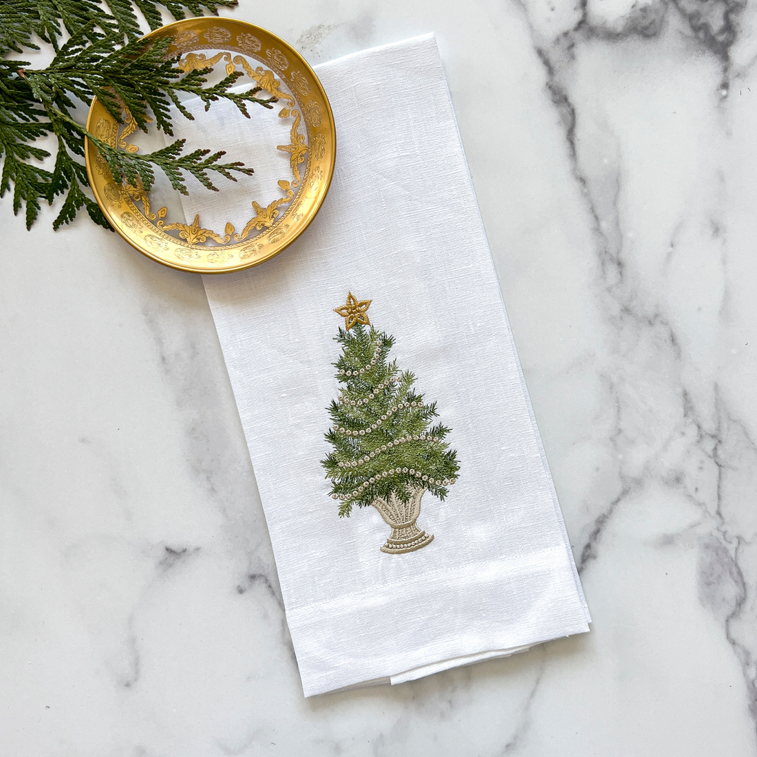 Arte Italica &amp; Crown Linen Designs - Christmas Tree with Gold Trim Linen Towel - Christmas