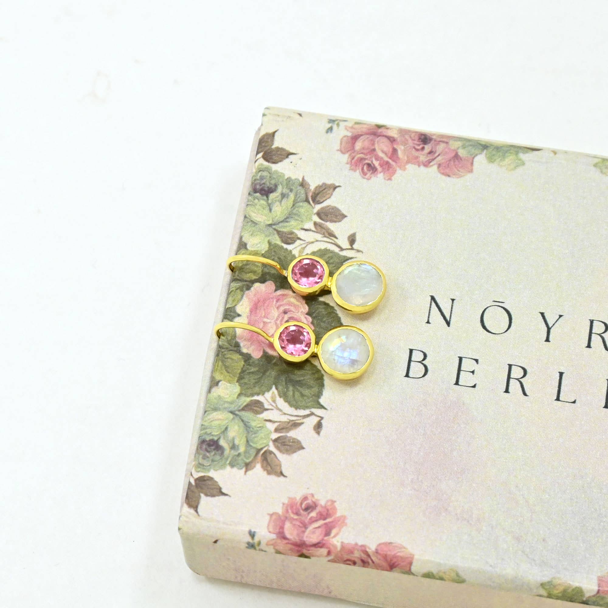 Delphine Gold Earring - Pink Tourmaline &amp; Rainbow Moonstone