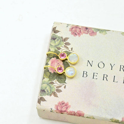 Delphine Gold Earring - Pink Tourmaline &amp; Rainbow Moonstone