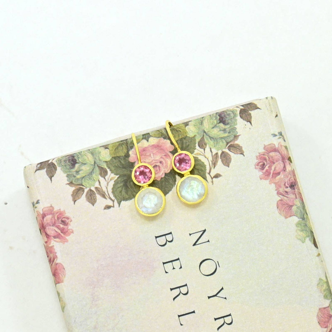 Delphine Gold Earring - Pink Tourmaline &amp; Rainbow Moonstone