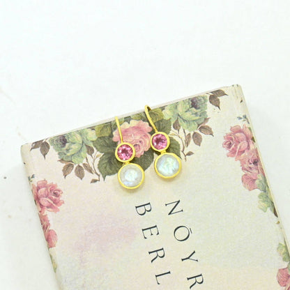 Delphine Gold Earring - Pink Tourmaline &amp; Rainbow Moonstone