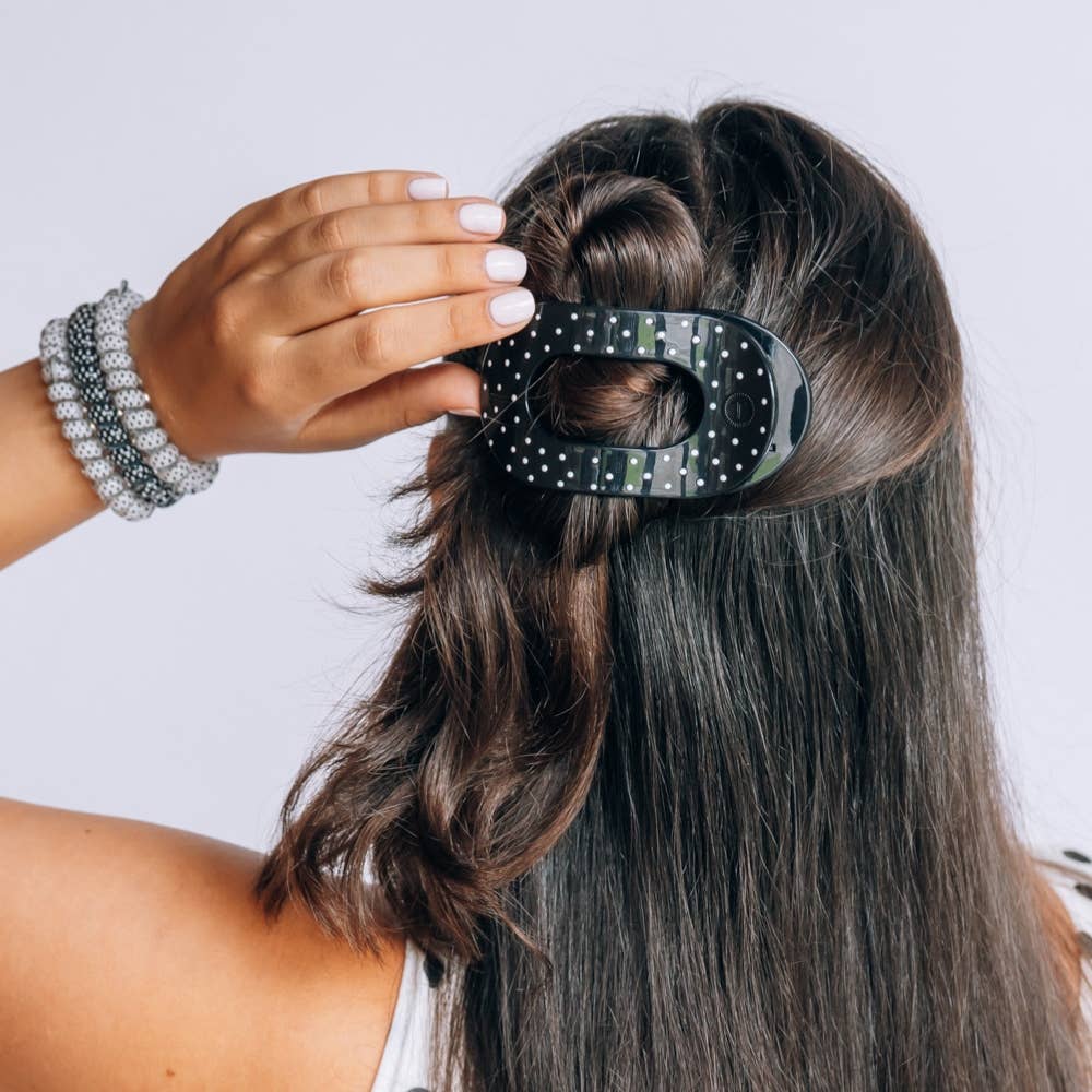 TELETIES - Black Polka Dot Party Medium Flat Round Hair Clip