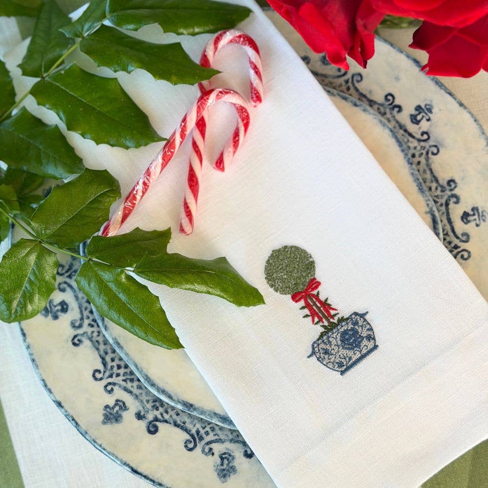 Arte Italica &amp; Crown Linen Designs - La Jardin Bow Topiary White Linen Towel