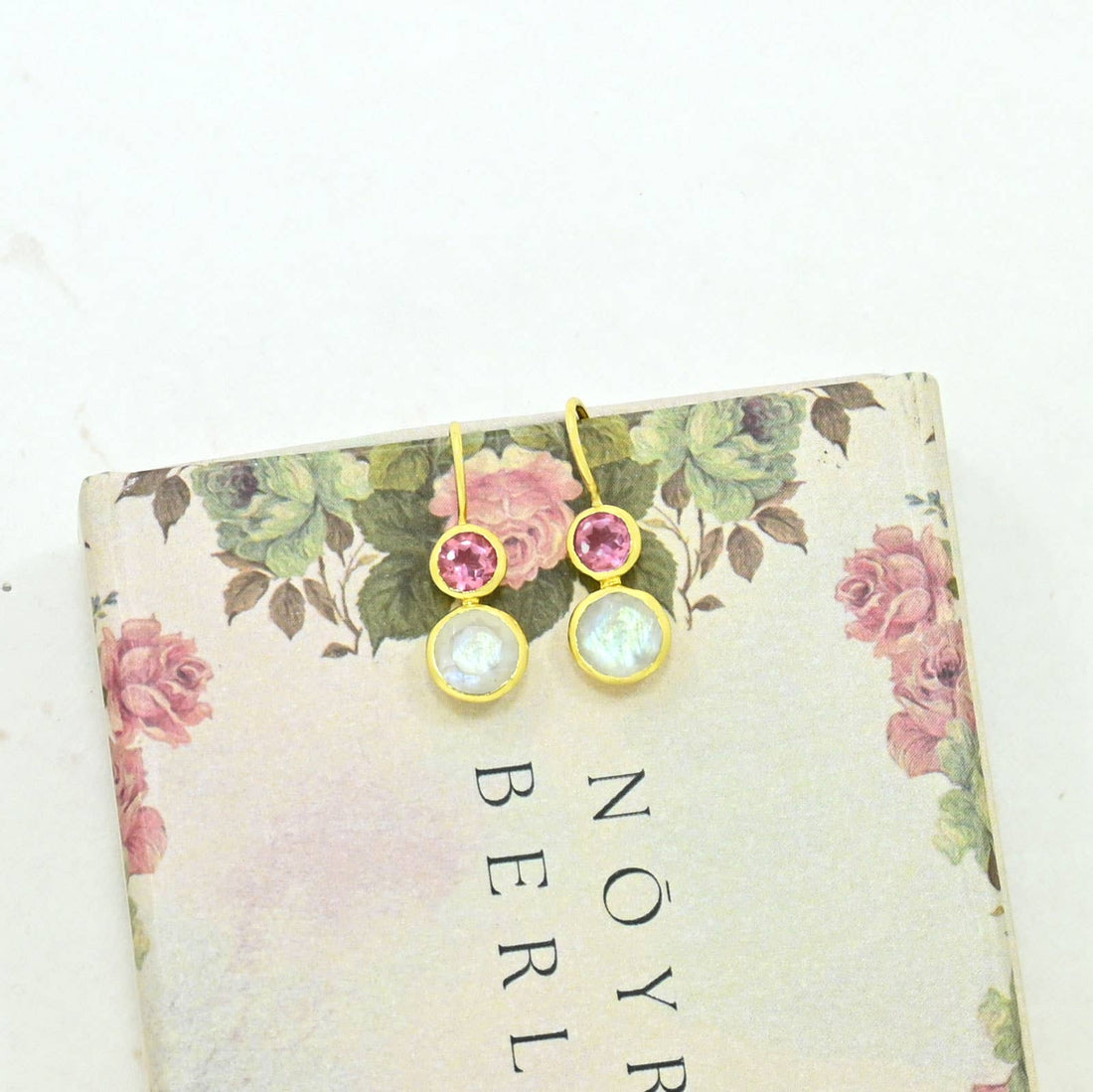 Delphine Gold Earring - Pink Tourmaline &amp; Rainbow Moonstone