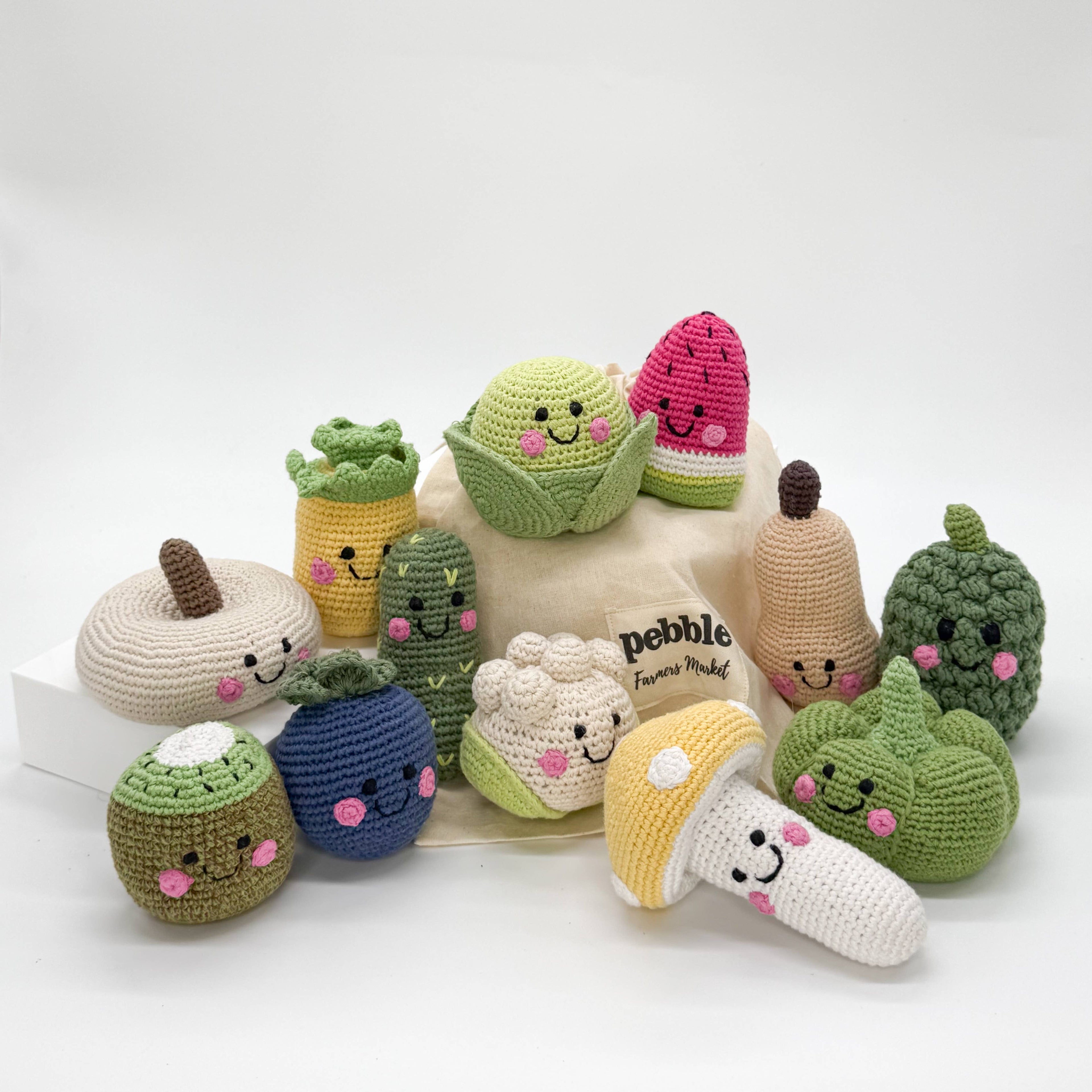 Pebble - Farmer’s Market Sack – Veggie &amp; Fruit Baby Rattles (12-Pc)