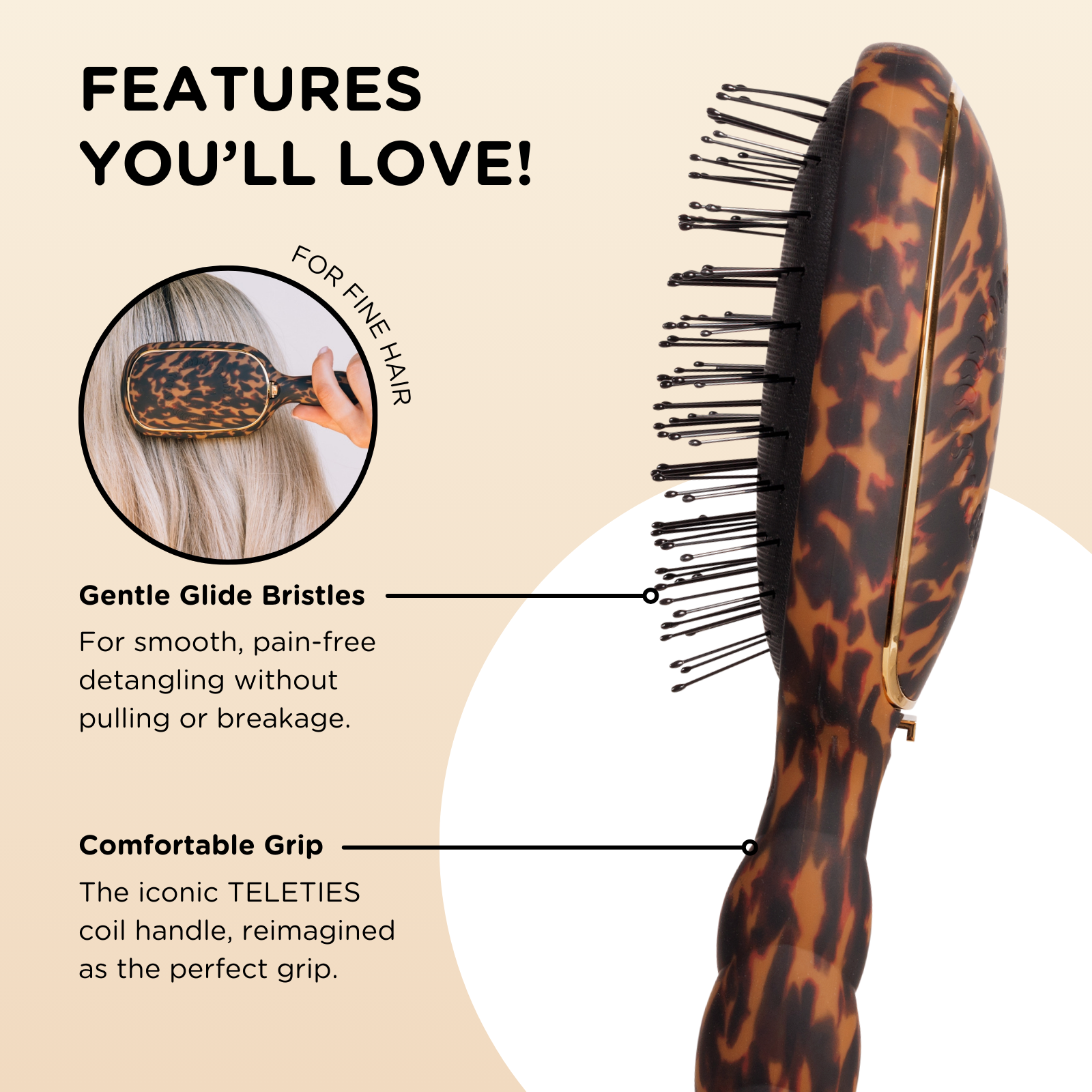 TELETIES - Detangler Hair Brush for Fine Hair - Tortoise