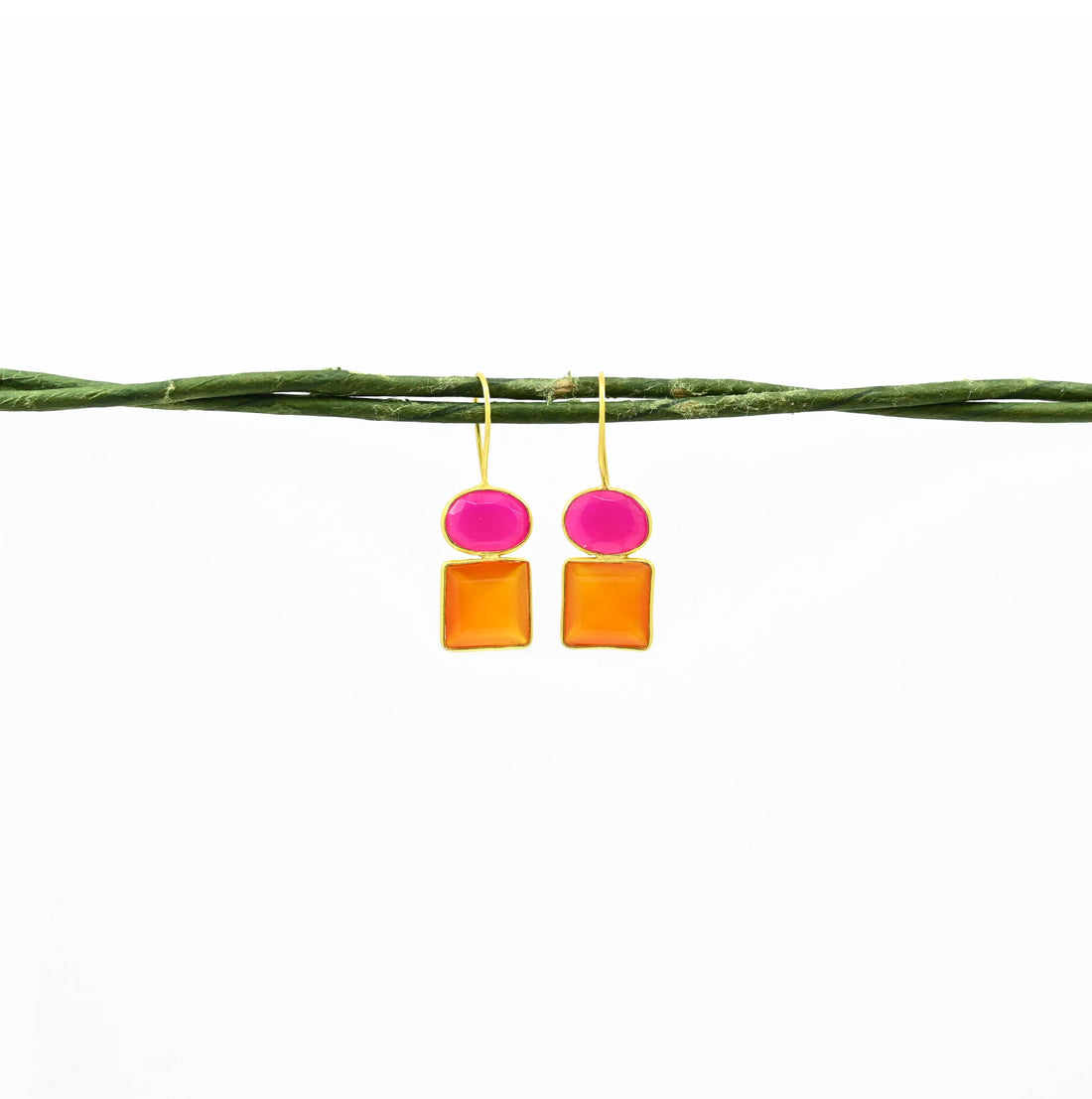 Oval Square Earring Silver 925 - Pink Fuchsia &amp; Carnelian