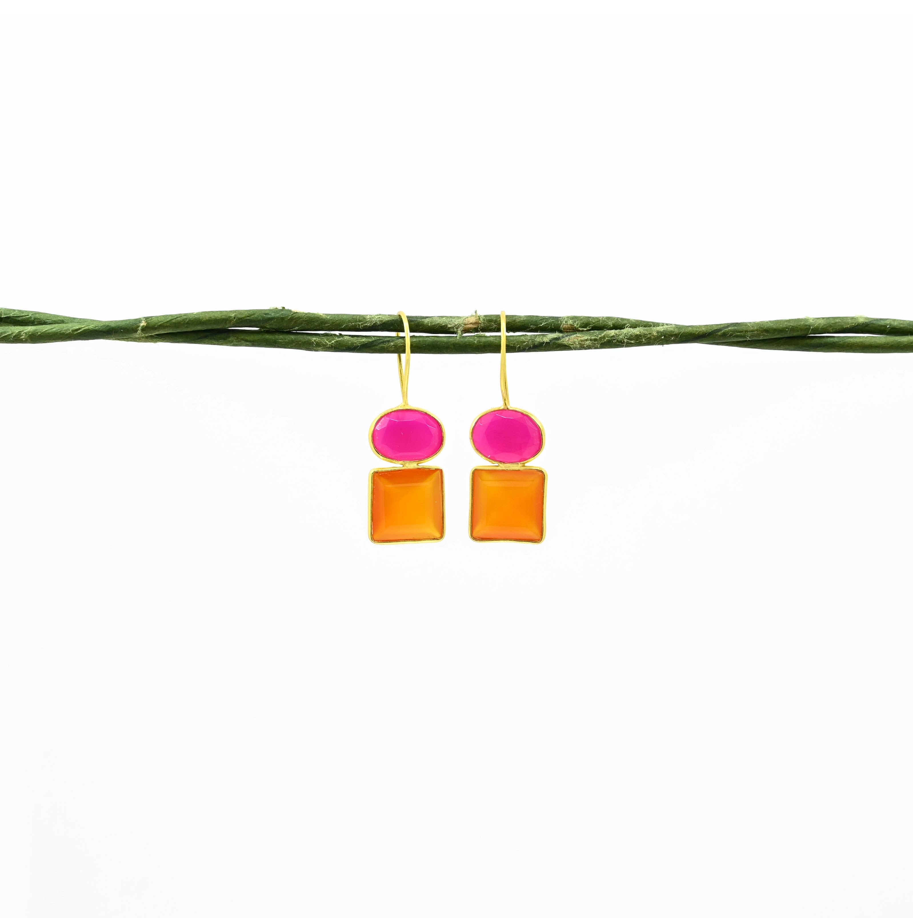 Oval Square Earring Silver 925 - Pink Fuchsia &amp; Carnelian