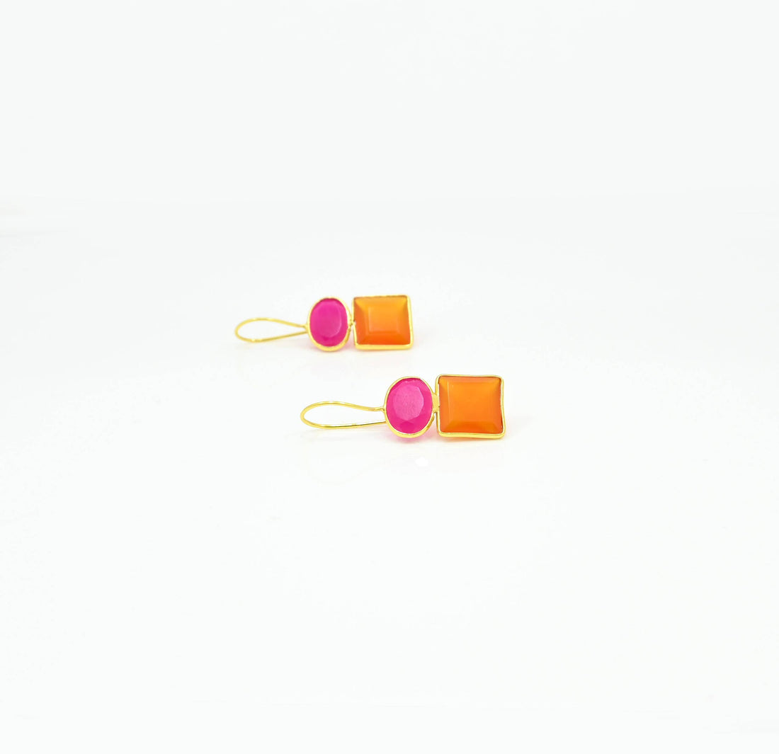 Oval Square Earring Silver 925 - Pink Fuchsia &amp; Carnelian